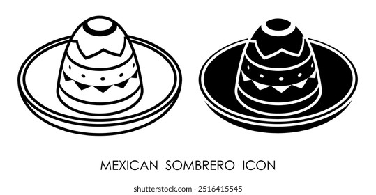 Icono de sombrero sombrero mexicano festivo con patrón geométrico tradicional. Accesorio de carnaval festivo. Vector blanco y negro aislado sobre fondo blanco