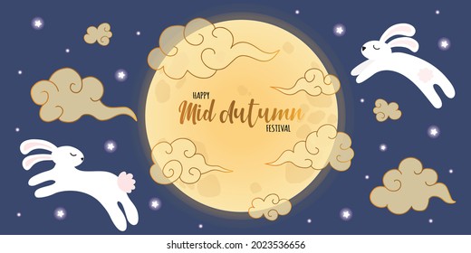 Festive Mid Autumn Festival banner. Full moon with cute rabbits, traditional oriental gradient clouds and stars on dark night sky background. Traditional character. Vector illustration. Greeting card.