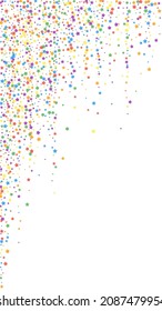 Festive mind-blowing confetti. Celebration stars. Rainbow bright stars on white background. Fresh festive overlay template. Vertical vector background.