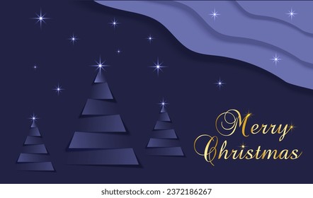 Festive minimal Christmas card vector design. Simple background, elegant minimalist style. Spruce banner paper cut style. Golden text Merry Christmas. Clean Conceptual Design
