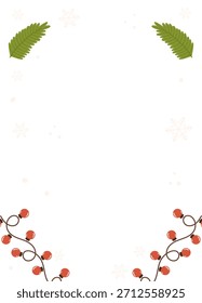 Festlich minimalistisches Poster-Template-Design mit Grün, roten String-Lichtern und Schneeflocken auf weißem Hintergrund mit viel Leerraum für Text oder Design.