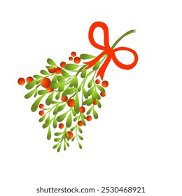 A festive mistletoe bunch with vibrant green leaves and bright red berries, tied together with a cheerful red bow. Ideal for holiday decorations and romantic traditions.