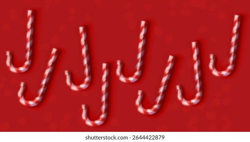 Festive mockup with Traditional Christmas candy canes illustration, Top view on deep red background with minimal golden bokeh, Vintage, retro spray texture, copy space for xmas celebration banner