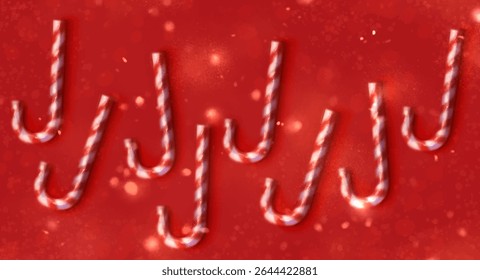 Festive mockup with Traditional Christmas candy canes illustration, Top view on deep red background with shiny lights and glitters, Vintage, retro spray texture, copy space for xmas celebration banner