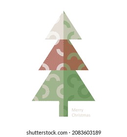 Festive modern Christmas greeting card with colourful decorated geometric tree on white background. Abstract vector illustration with holiday wishes for cards and posters. 