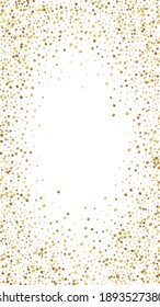 Festive modern confetti. Celebration stars. Gold confetti on white background. Fascinating festive overlay template. Vertical vector background.