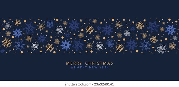 Festive modern Merry Christmas and Happy New Year design with a border of beautiful blue, gold and white snowflakes and a Christmas star. Winter dark blue background with falling snow. Christmas decor