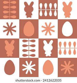 Festive monochrome Easter pattern with cute chocolate rabbits and eggs. Print for paper, textile and fabric. Perfect surface design.


