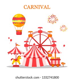 Festive mood. Carnival title with colorful elements. Amusement park, circus