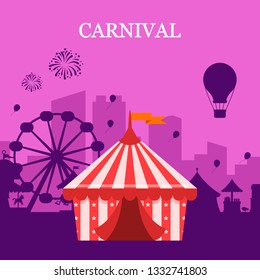 Festive mood. Carnival title with colorful elements. Amusement park, circus