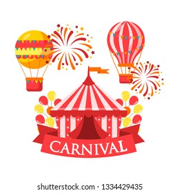 Festive mood. Carnival title with colorful elements. Amusement park