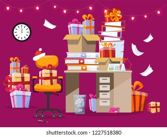 Festive mood in the office. Christmas interior with desk on which there are piles of gifts and folders with paper mixed. garland burns over table. It's midnight on the clock. Flat cartoon vector