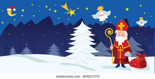 
Festive mood. Saint Nicholas. Saint Nicholas with angels and a bag with gifts. Forest. Illustration for poster or postcard.