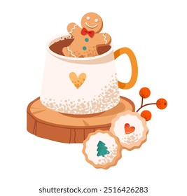Festive mug with cocoa and gingerbread man. Christmas drink. Flat vector illustration.