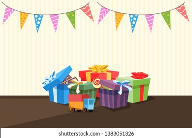 Festive Multicolor Gift Boxes Flat Illustration. Birthday Children Presents In Room. B-day, Anniversary Greeting Card Background. Party Decorations, Accessories. Garland Hanging On Wall