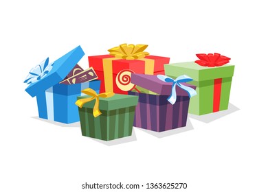 Festive multicolor gift boxes isolated on white flat illustration. Birthday children presents in room. B-day, anniversary greeting card background. Party decorations, accessories.