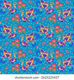 Festive multicolor print with cute fairy peacocks, roses, hearts and small flowers on a greenish-blue background. Seamless summer pattern for fabric in boho style. Indian motifs.