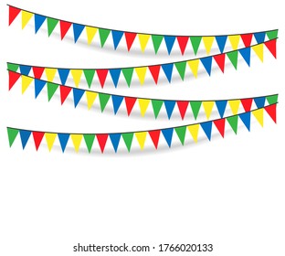 Festive multicolored bright flags, garlands of bunting isolated on white background. Vector illustration.