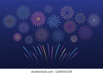 Festive multicolored fireworks in various forms. Bursting pyrotechnic firecracker with stars and sparks.