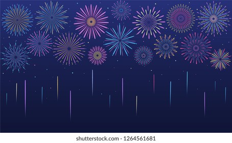 Festive multicolored fireworks in various forms. Bursting pyrotechnic firecracker with stars and sparks.