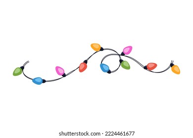 Festive multicolored garland on cable in flat style. Decoration, christmas holiday concept. Graphic element.