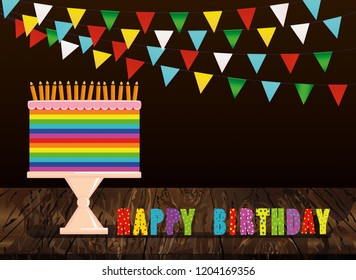 A festive multicolored and iridescent big cake with candles on a stand. Happy Birthday. Greeting card or invitation for a holiday. Vector on wooden background.