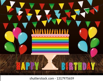 A festive multicolored and iridescent big cake with candles on a stand. Happy Birthday. Greeting card or invitation for a holiday. Vector on wooden background.