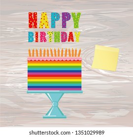 A Festive Multicolored And Iridescent Big Cake With Candles On A Stand.  Empty Yellow Sheet Of Paper For Notes. Sticker. Happy Birthday. Greeting Card Or Invitation For A Holiday. Vector On Wooden Bac