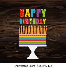 A festive multicolored and iridescent big cake with candles on a stand. Happy Birthday. Greeting card or invitation for a holiday. Vector on wooden background.