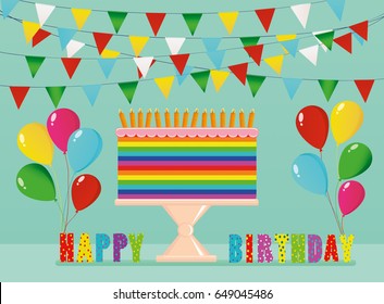 A festive multicolored and iridescent big cake with candles on a stand. Happy Birthday. Greeting card or invitation for a holiday. Vector