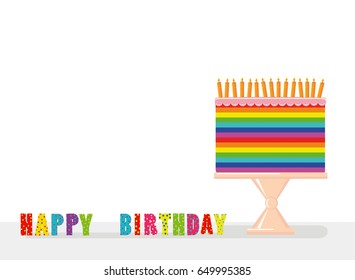 A festive multicolored and iridescent big cake with candles on a stand. Happy Birthday. Greeting card or invitation for a holiday. Vector