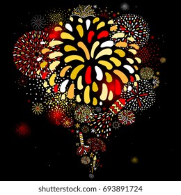 Festive multicolored radial firework explosion sparkling pattern on black background holiday celebration party abstract vector illustration 