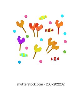 Festive multicolored vector stickers with sweets - cockerel on a stick. Can be used to decorate gifts.