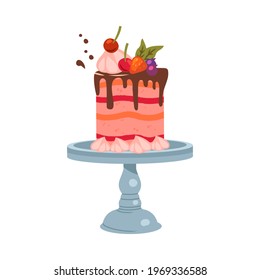 Festive Multilayered Cake Decorated with Whipped Cream and Berries on Pedestal Cake Plate Vector Illustration