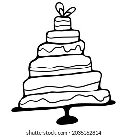 Festive multi-tiered cake, black outline, doodle. Design of stickers, postcards, posters, holiday decorations, prints, food.
