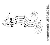 Festive music notes with Christmas tree silhouette and stars, vector illustration.