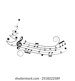 Festive music notes with Christmas tree silhouette and stars, vector illustration.