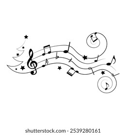 Notas de música festiva com silhueta de árvore de Natal e estrelas, ilustração vetorial.