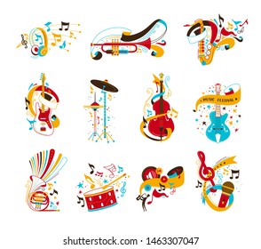 Festive musical instruments flat vector illustrations set. Electric guitar, drums with confetti and serpentine. Modern headphones, vintage microphone isolated cliparts. Jazz concert, music party