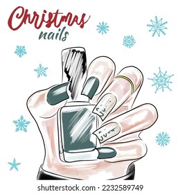 Festive nails in green, hand drawn, manicure on the background of snowflakes