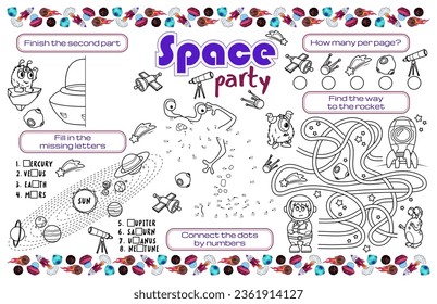 Festive napkin for children. Printable mat "Space party" with a labyrinth, connect the dots, and fill in the missing letters. 17x11 inch printable vector file