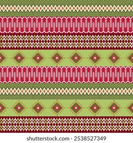 Festive Native American-Inspired Christmas Pattern with Rows of Geometric Designs, Diamond Motifs, and Chevron Stripes in Red, Green, and White Perfect for Winter Decor and Seasonal Textiles.