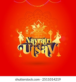 Festive Navratri utsav background with kalash sthapana and dandiya dance design. Festive red sparkle luxury golden traditional background.