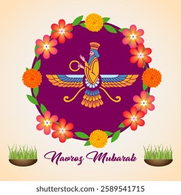 A festive Navroz graphic with a Zoroastrian priest the Faravahar symbol a floral wreath and sabzeh bowls set against a light background with purple accents