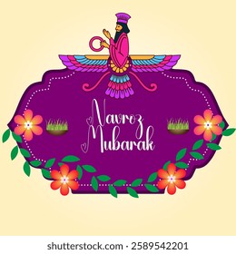 A festive Navroz graphic with a Zoroastrian priest the Faravahar floral accents sabzeh and elegant calligraphy on a decorative purple label over a light background

