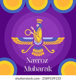 A festive Navroz Mubarak design with a Zoroastrian priest a winged Faravahar and intricate decorative elements in a vibrant purple yellow and blue palette