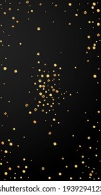 Festive neat confetti. Celebration stars. Sparse gold confetti on black background. Flawless festive overlay template. Vertical vector background.