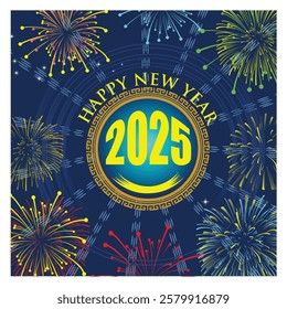 Festive New Year’s Eve themed artwork featuring colorful fireworks and the year 2025 prominently displayed, symbolizing celebration, joy, and optimism for the future. Flat vector modern illustration