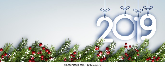 Festive New Year 2019 banner with fir branches, holly berries and snow. Vector background.