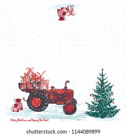 Festive New Year 2019 card. Red tractor with fir tree decorated red balls and holiday gifts White snowy seamless background. Vector illustrations